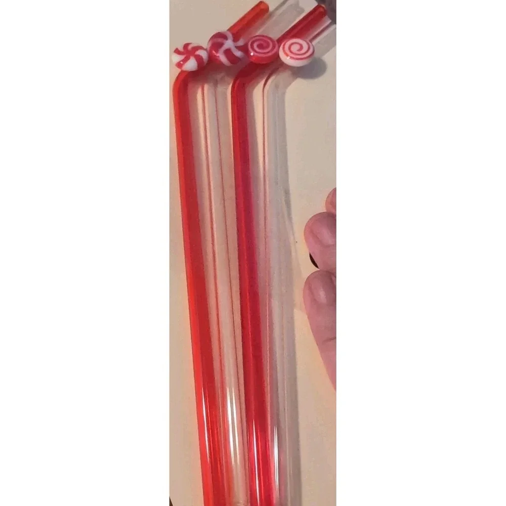 Pier 1 Glass Straws Swizzle Sticks Stirrers Red/White Peppermint Candies Vintage